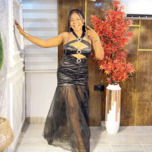 BLITHE BLACK ALTERNECK RUCHED LOWER MESH CUTOUT LONG GOWN